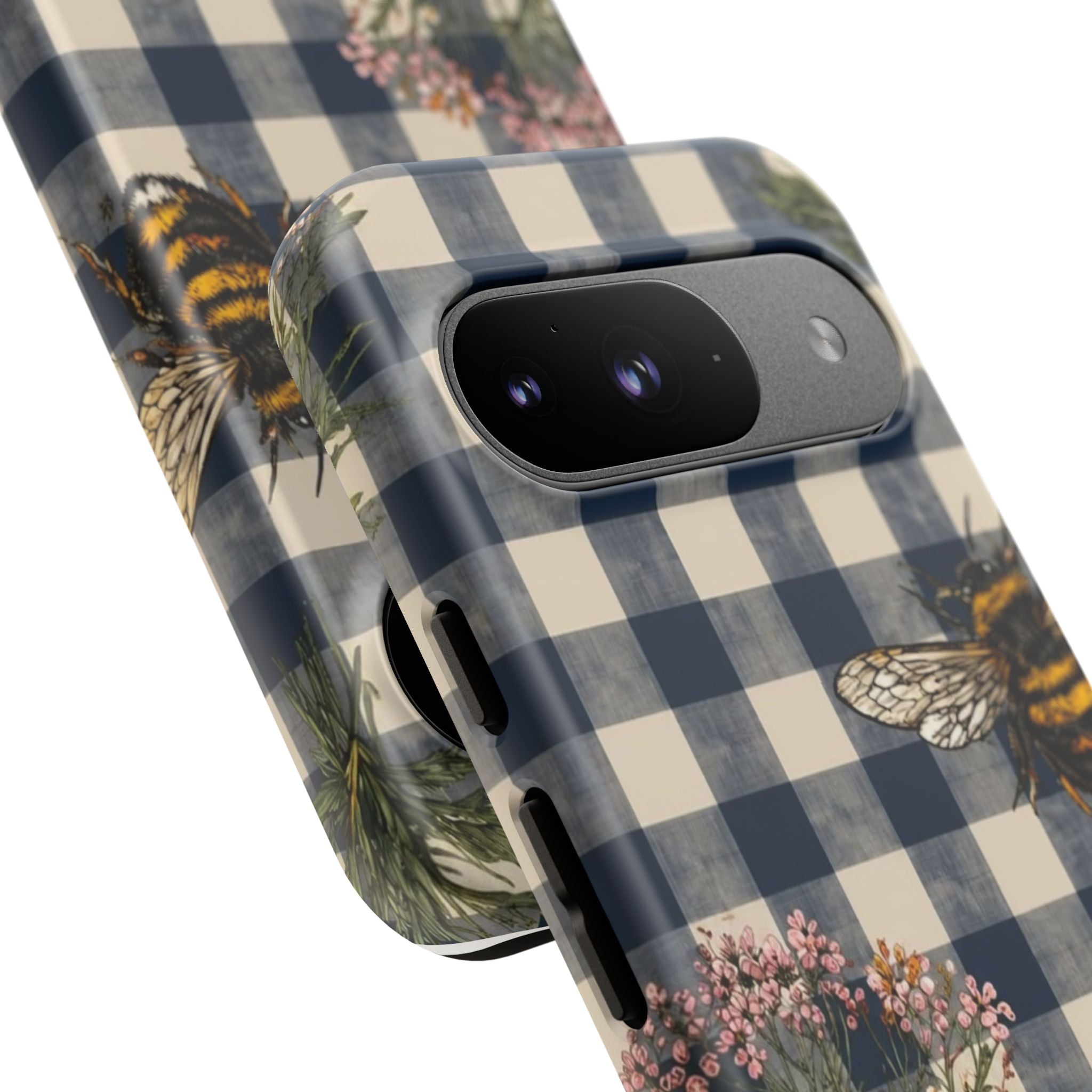Bee & Wildflower Plaid Phone Case — Navy Buffalo Check Floral iPhone Cover