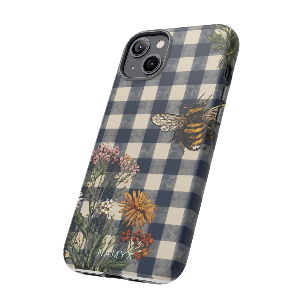 Bee & Wildflower Plaid Phone Case — Navy Buffalo Check Floral iPhone Cover