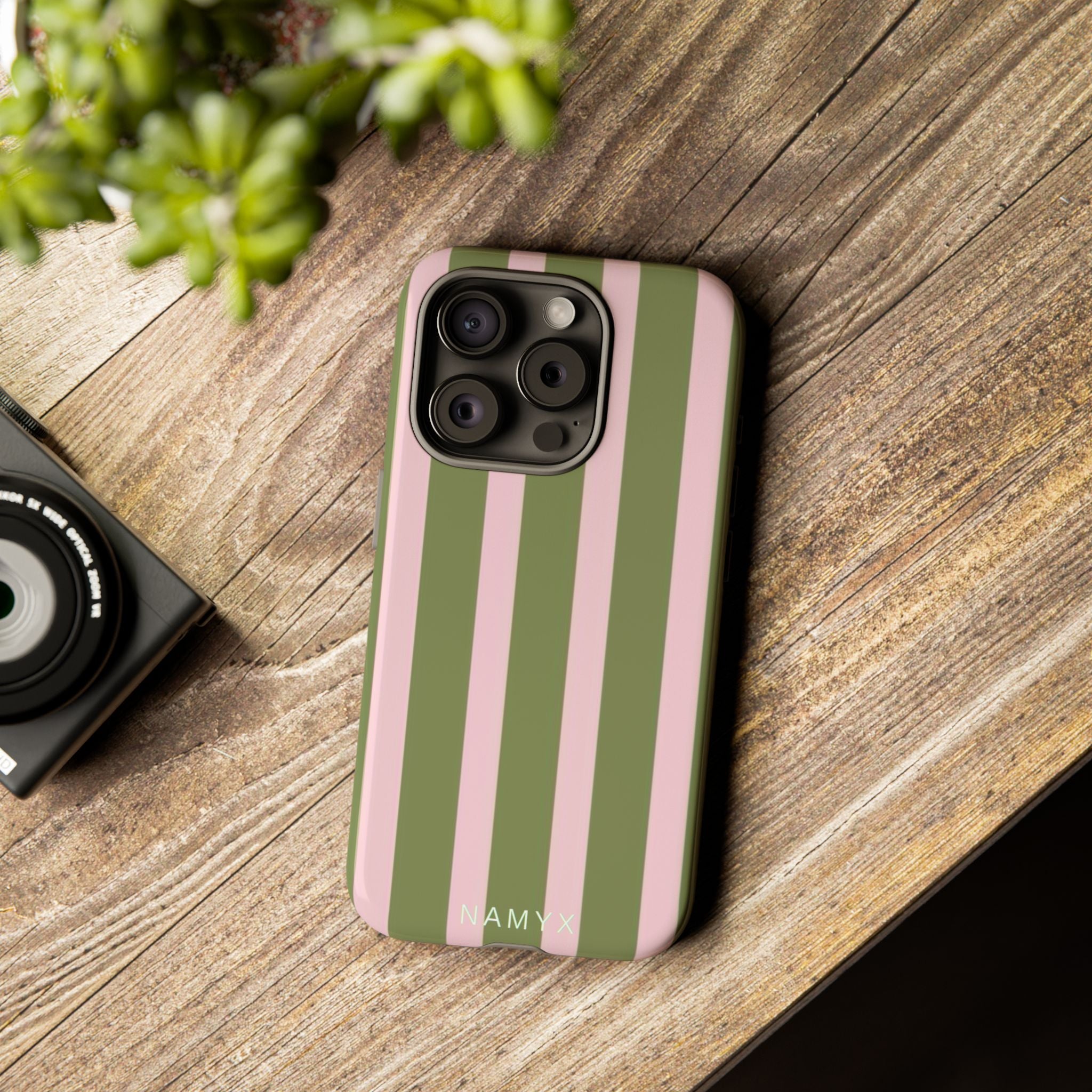 Striped Olive & Blush Tough Phone Case — Durable Protective Phone Cover
