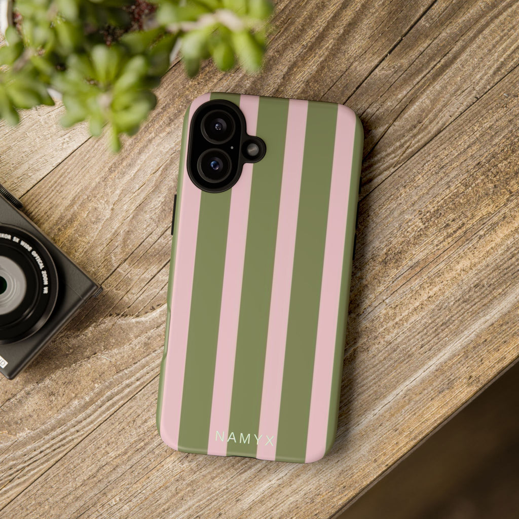 Striped Olive & Blush Tough Phone Case — Durable Protective Phone Cover