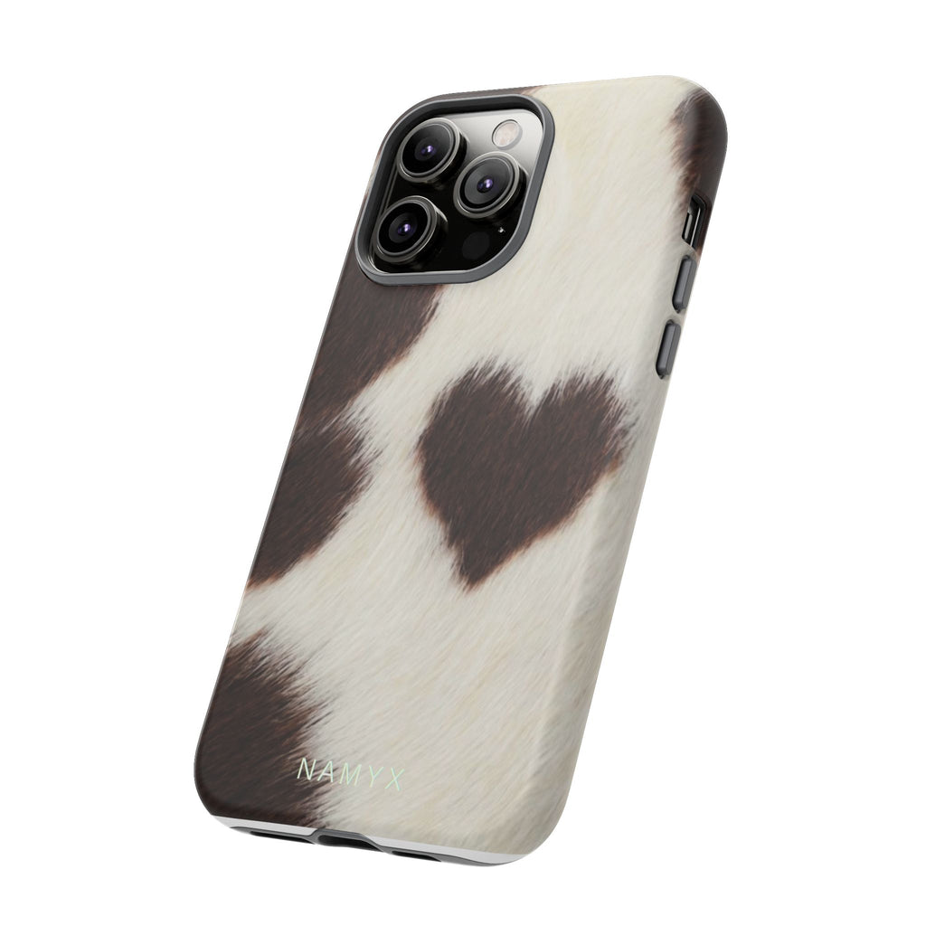 Cowhide Heart Phone Case — Cute Cow Print Protective iPhone Cover