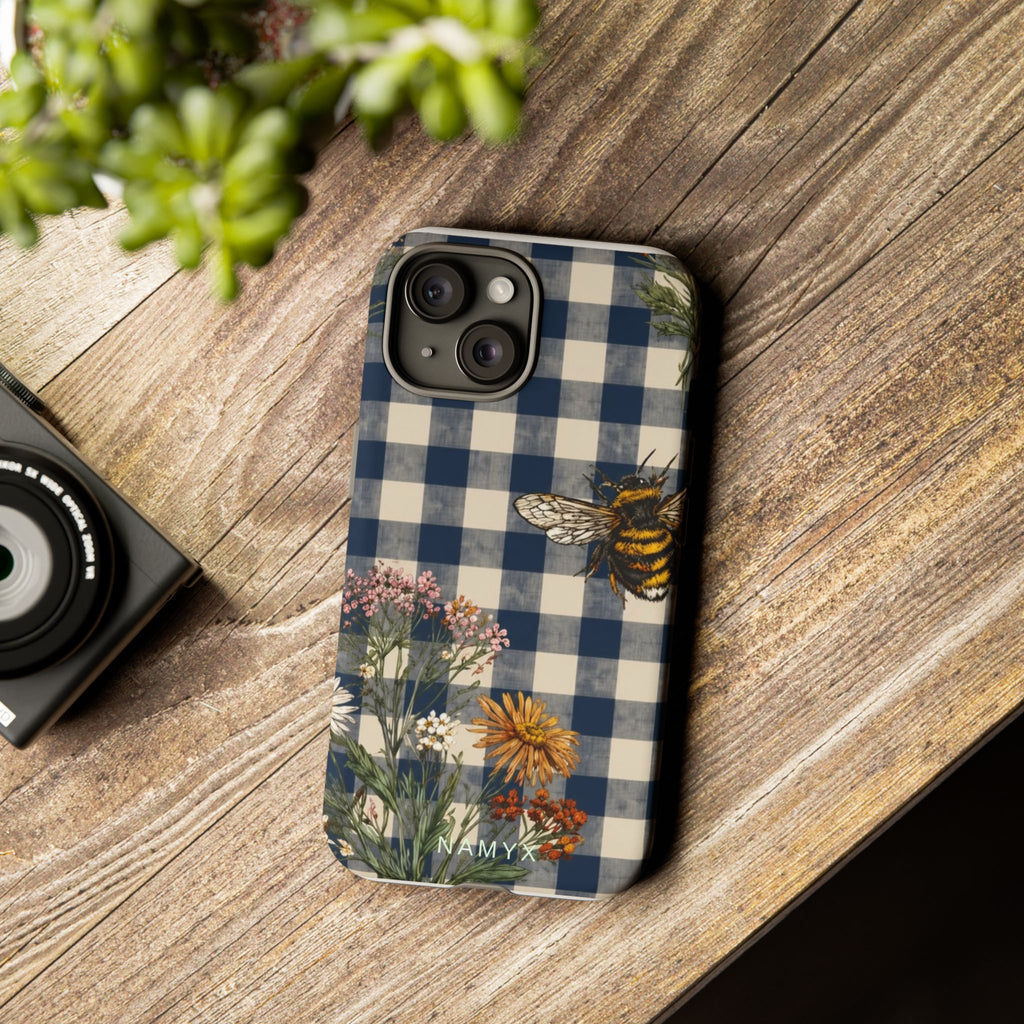 Bee & Wildflower Plaid Phone Case — Navy Buffalo Check Floral iPhone Cover