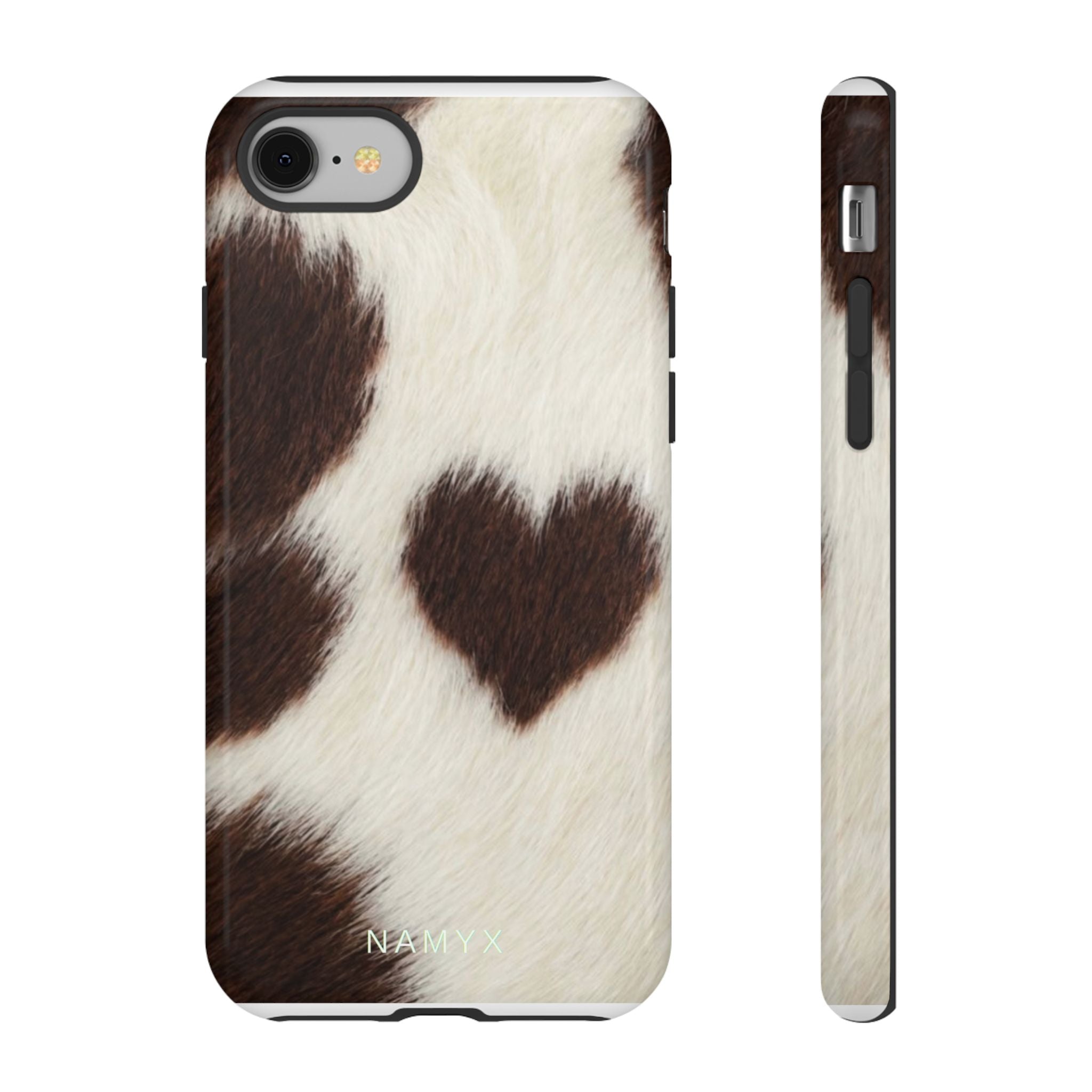 Cowhide Heart Phone Case — Cute Cow Print Protective iPhone Cover