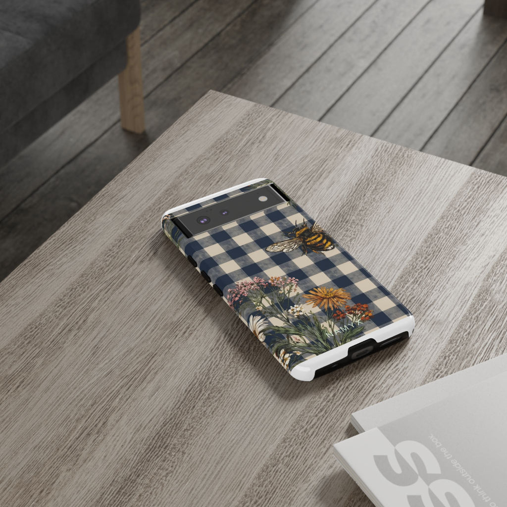 Bee & Wildflower Plaid Phone Case — Navy Buffalo Check Floral iPhone Cover