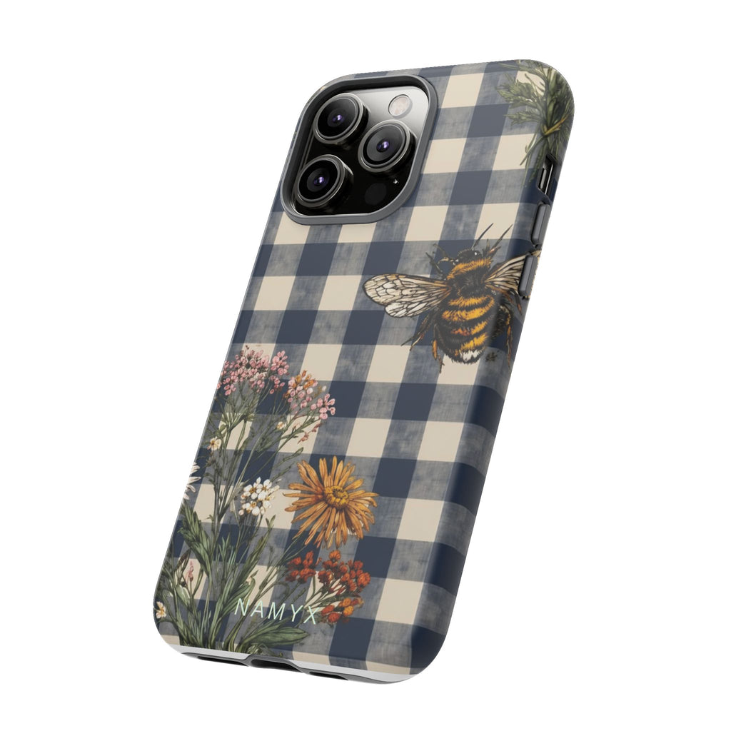 Bee & Wildflower Plaid Phone Case — Navy Buffalo Check Floral iPhone Cover