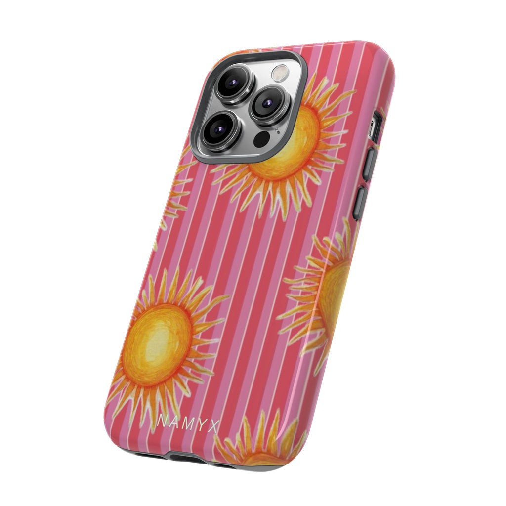 Sunburst Stripe Tough Phone Case — Bright Yellow Sun Pattern on Pink