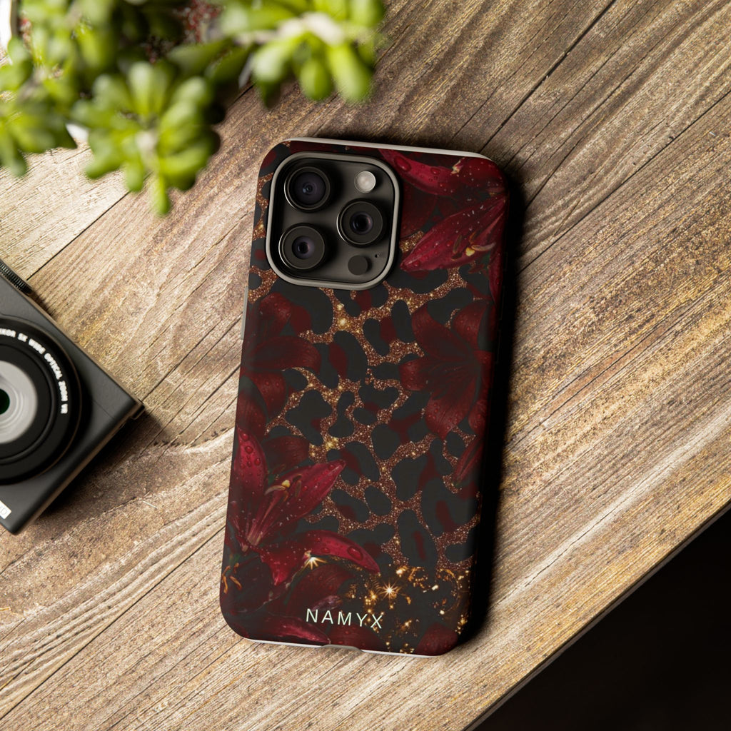 Protective Phone Case — Burgundy Floral & Gold Leopard Print Tough Case