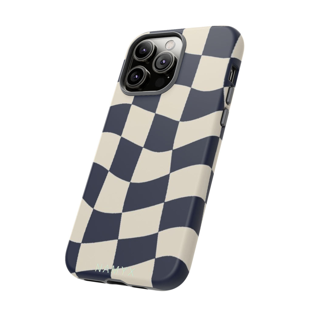 Wavy Checkered Phone Case – Retro Navy Racing Pattern Tough Case