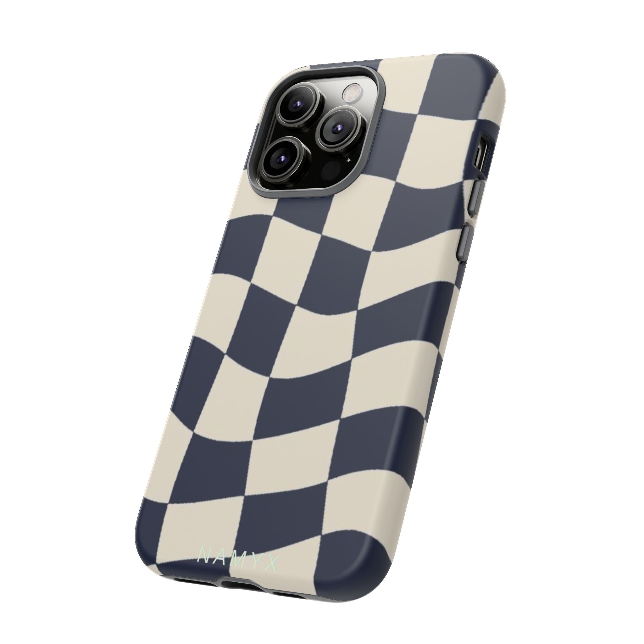 Wavy Checkered Phone Case – Retro Navy Racing Pattern Tough Case