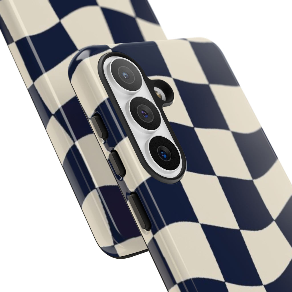 Wavy Checkered Phone Case – Retro Navy Racing Pattern Tough Case
