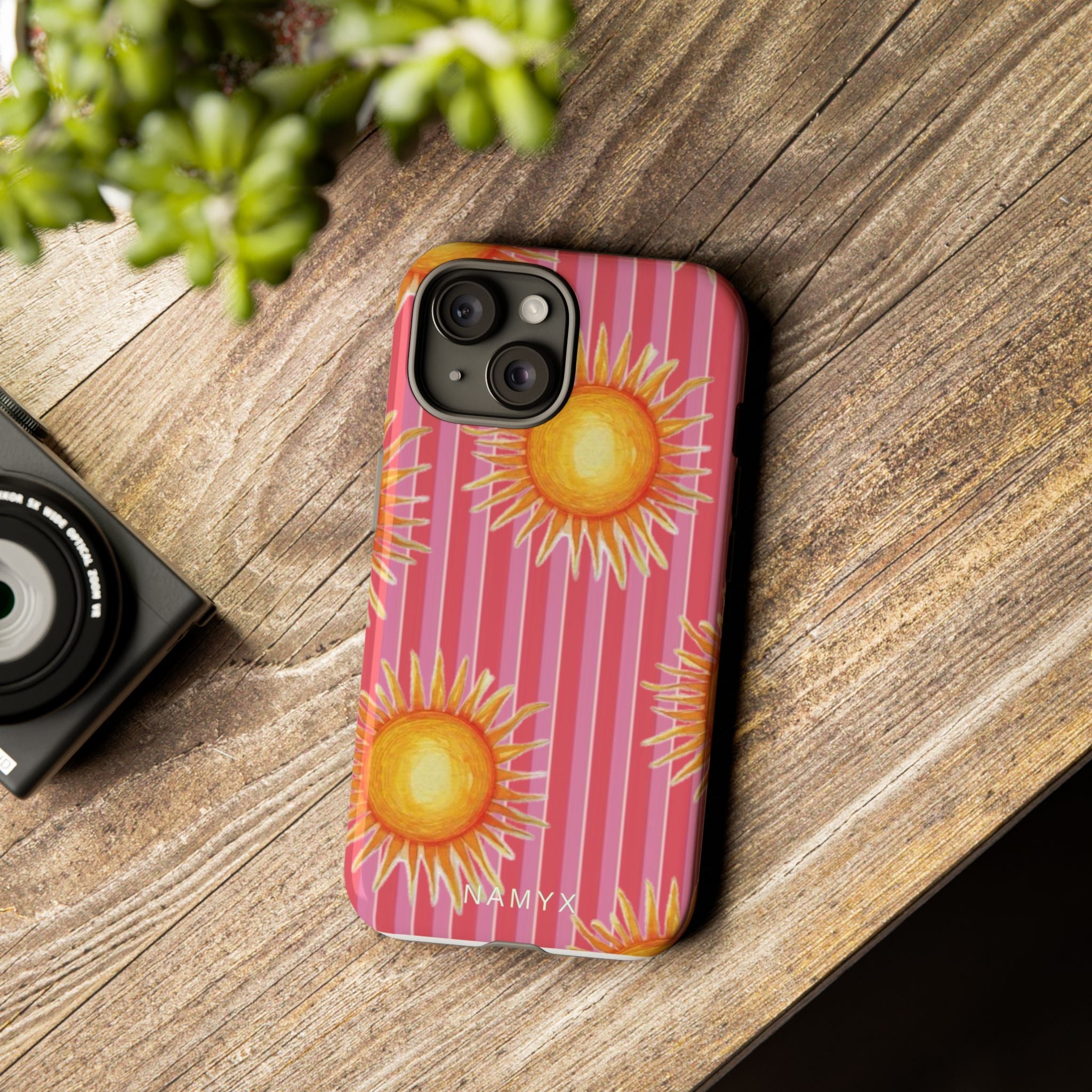 Sunburst Stripe Tough Phone Case — Bright Yellow Sun Pattern on Pink