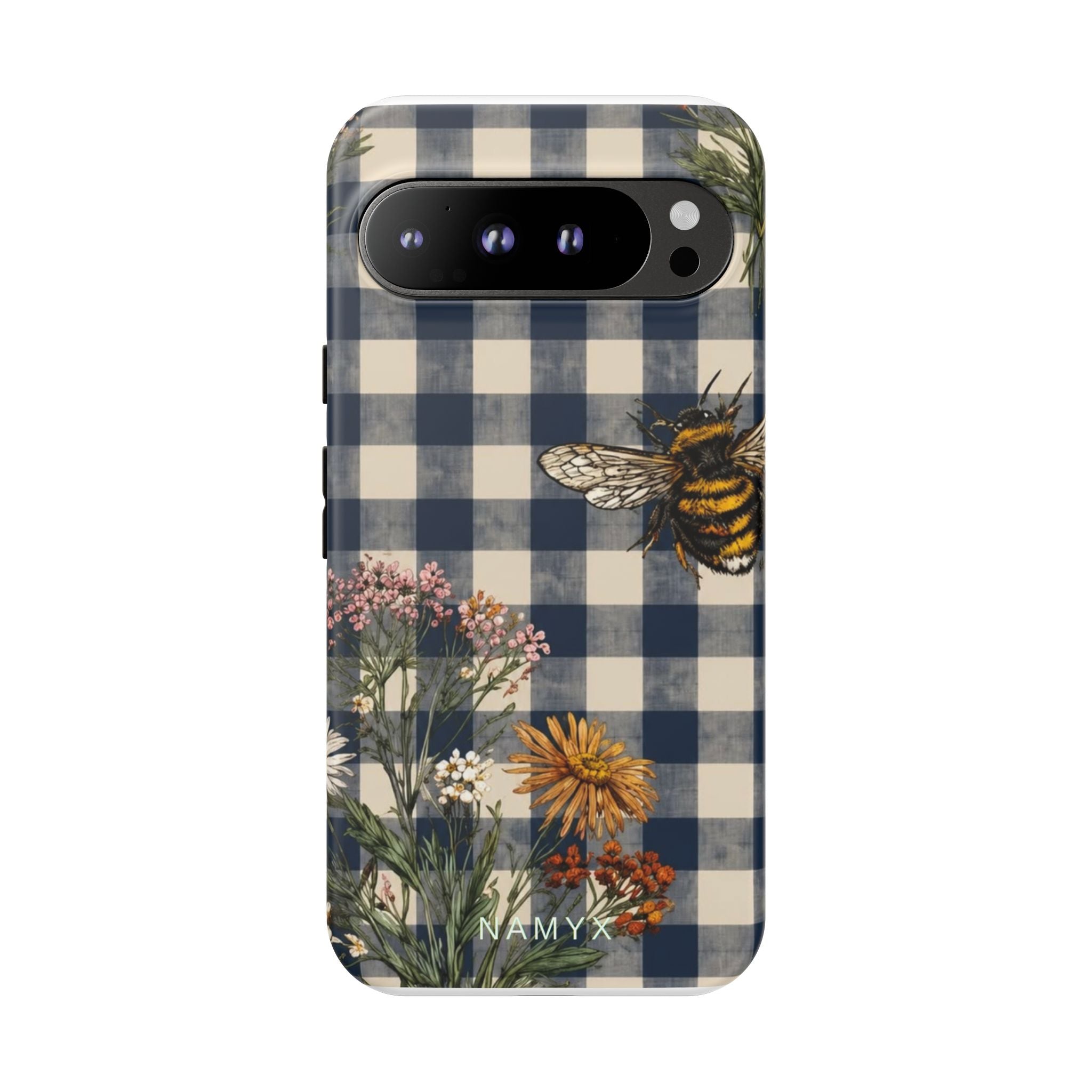 Bee & Wildflower Plaid Phone Case — Navy Buffalo Check Floral iPhone Cover