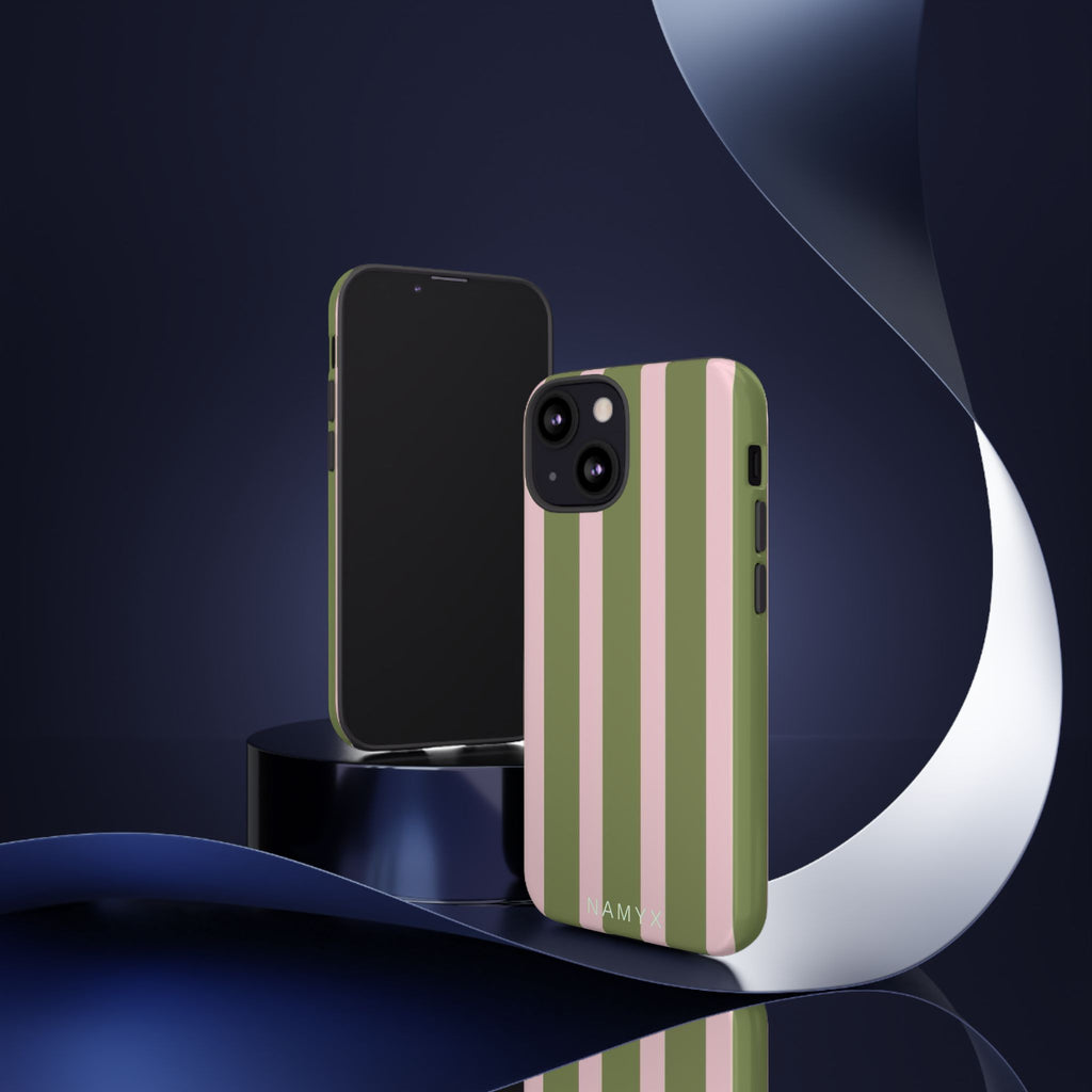 Striped Olive & Blush Tough Phone Case — Durable Protective Phone Cover