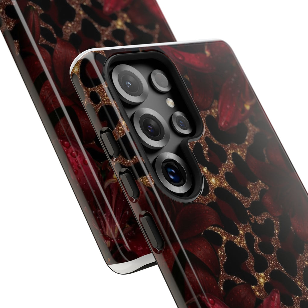 Protective Phone Case — Burgundy Floral & Gold Leopard Print Tough Case