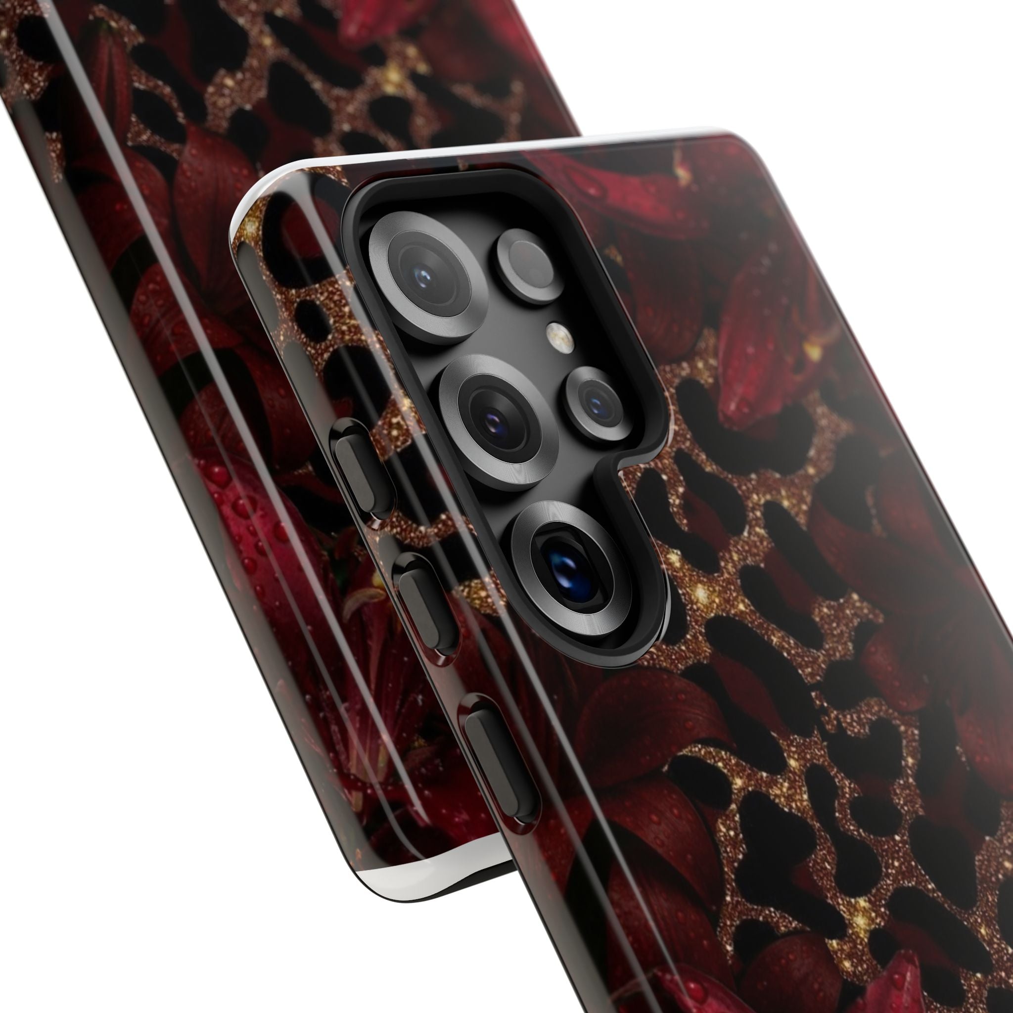 Protective Phone Case — Burgundy Floral & Gold Leopard Print Tough Case