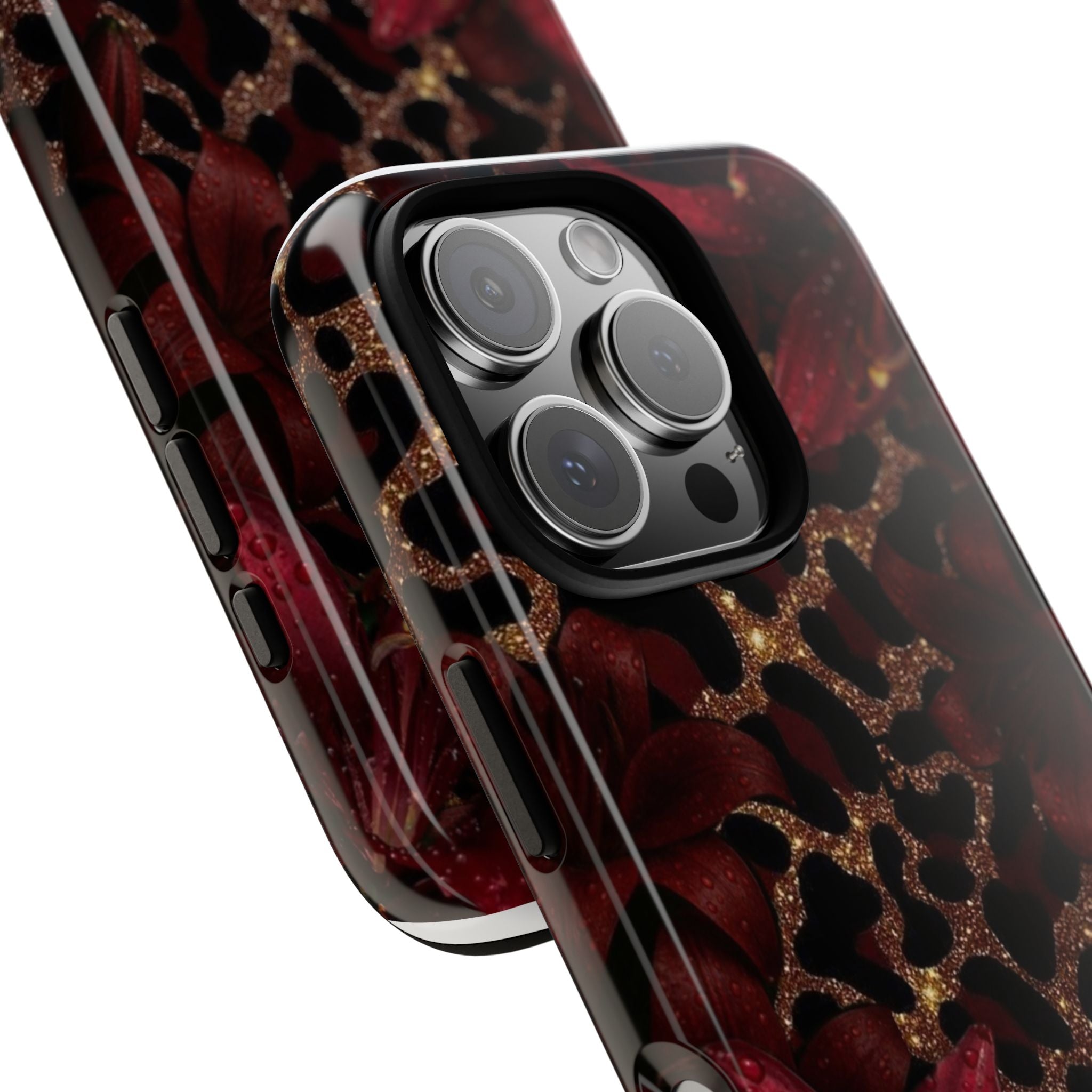 Protective Phone Case — Burgundy Floral & Gold Leopard Print Tough Case