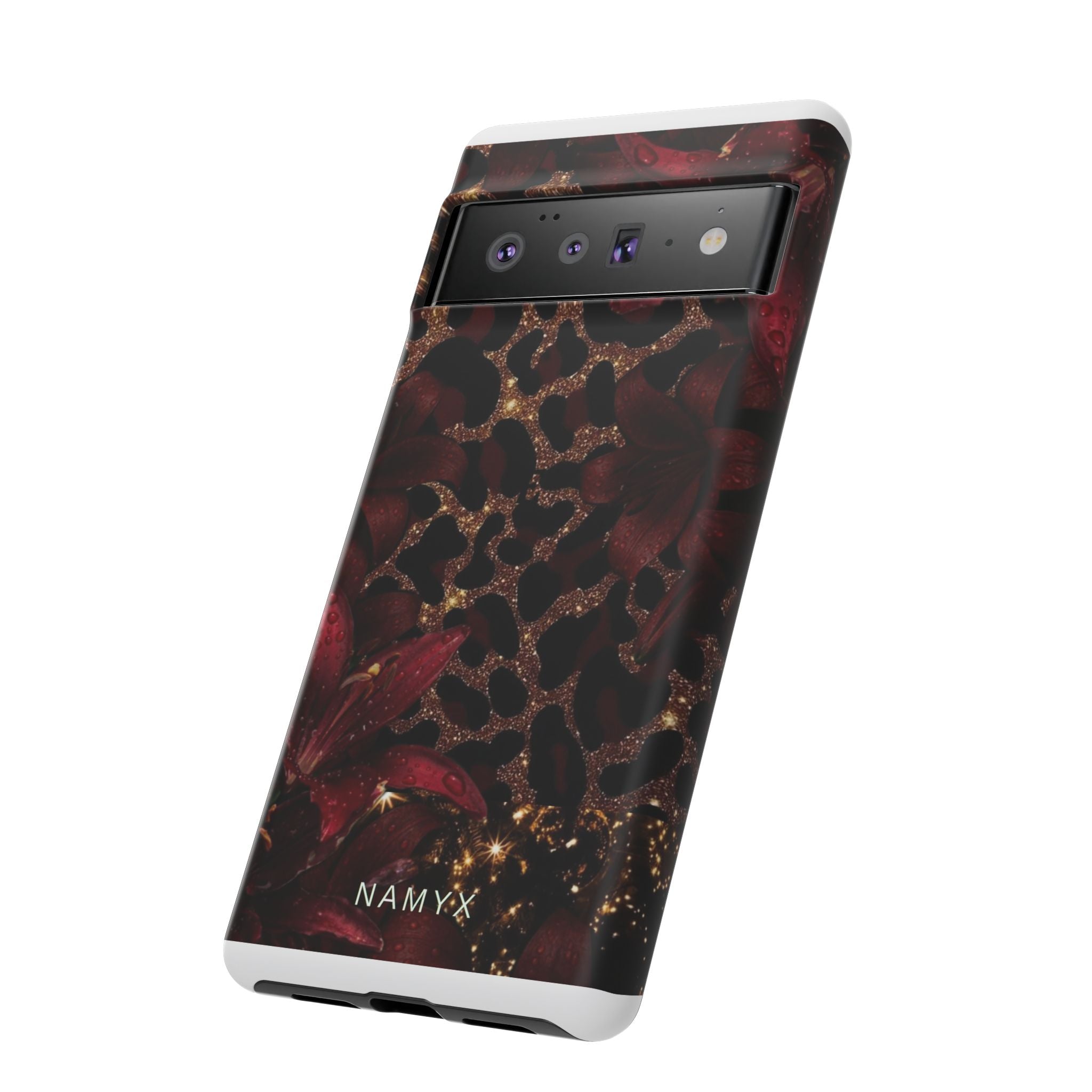 Protective Phone Case — Burgundy Floral & Gold Leopard Print Tough Case