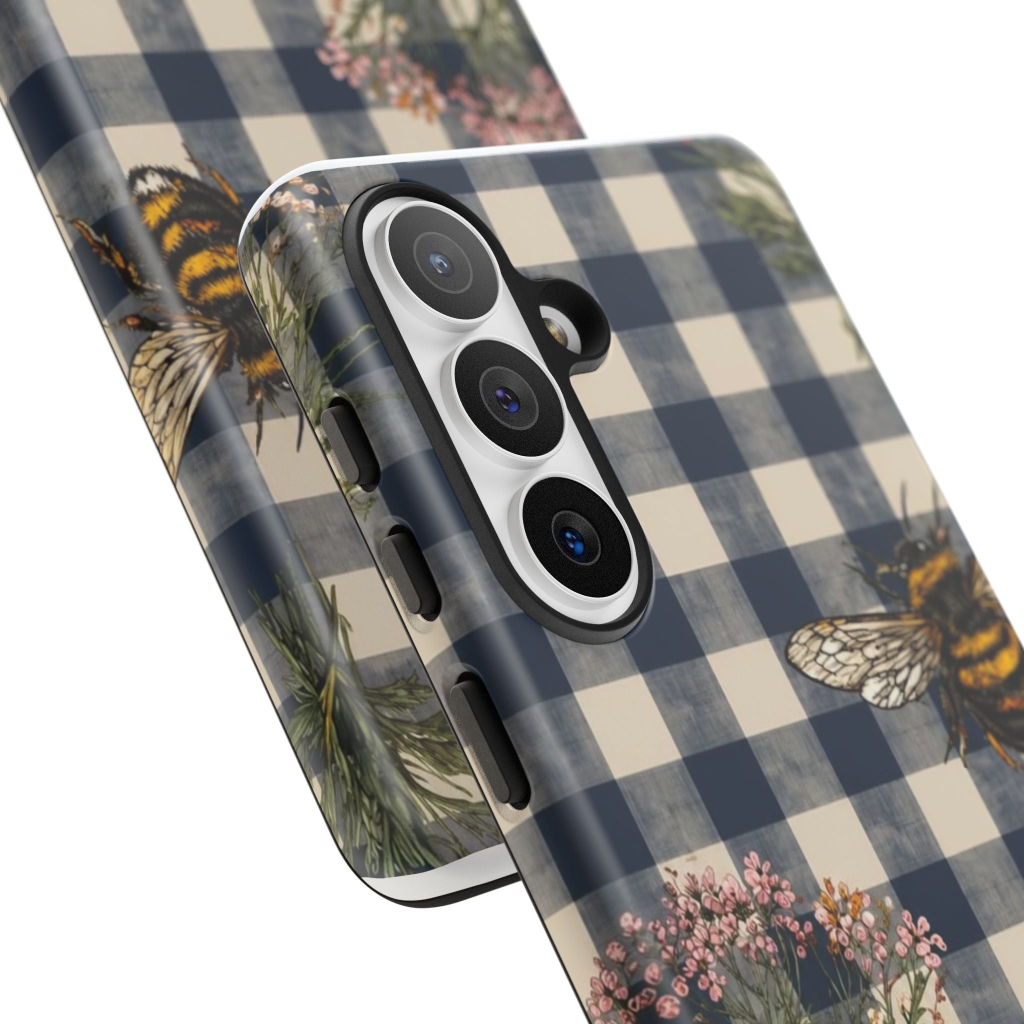 Bee & Wildflower Plaid Phone Case — Navy Buffalo Check Floral iPhone Cover
