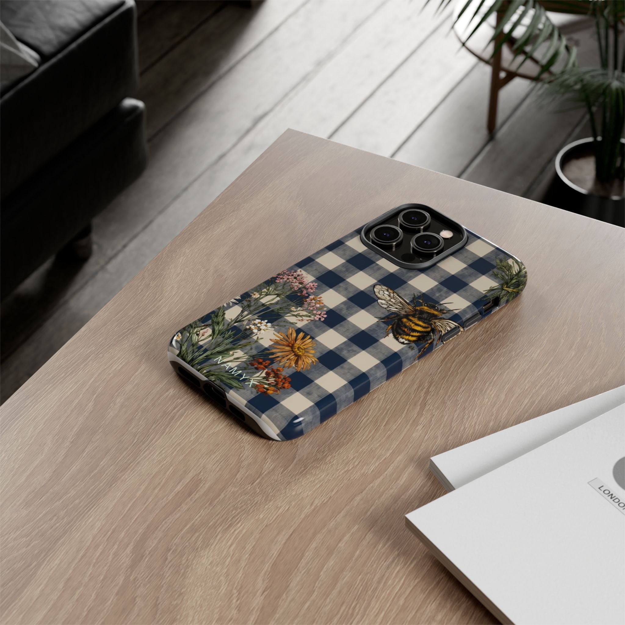 Bee & Wildflower Plaid Phone Case — Navy Buffalo Check Floral iPhone Cover