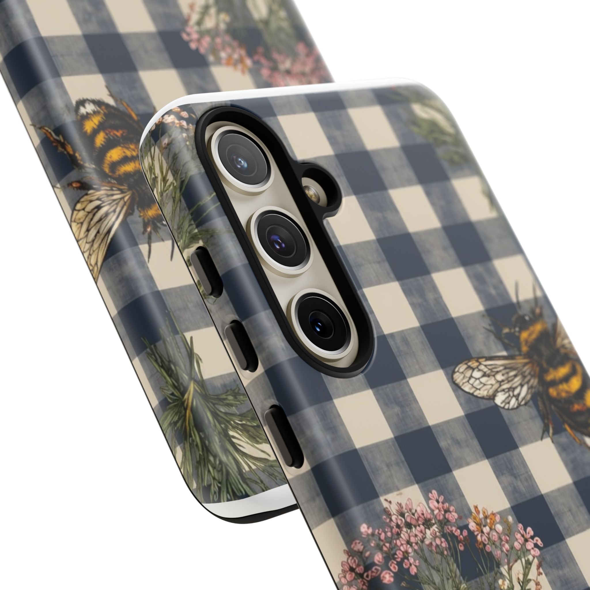 Bee & Wildflower Plaid Phone Case — Navy Buffalo Check Floral iPhone Cover