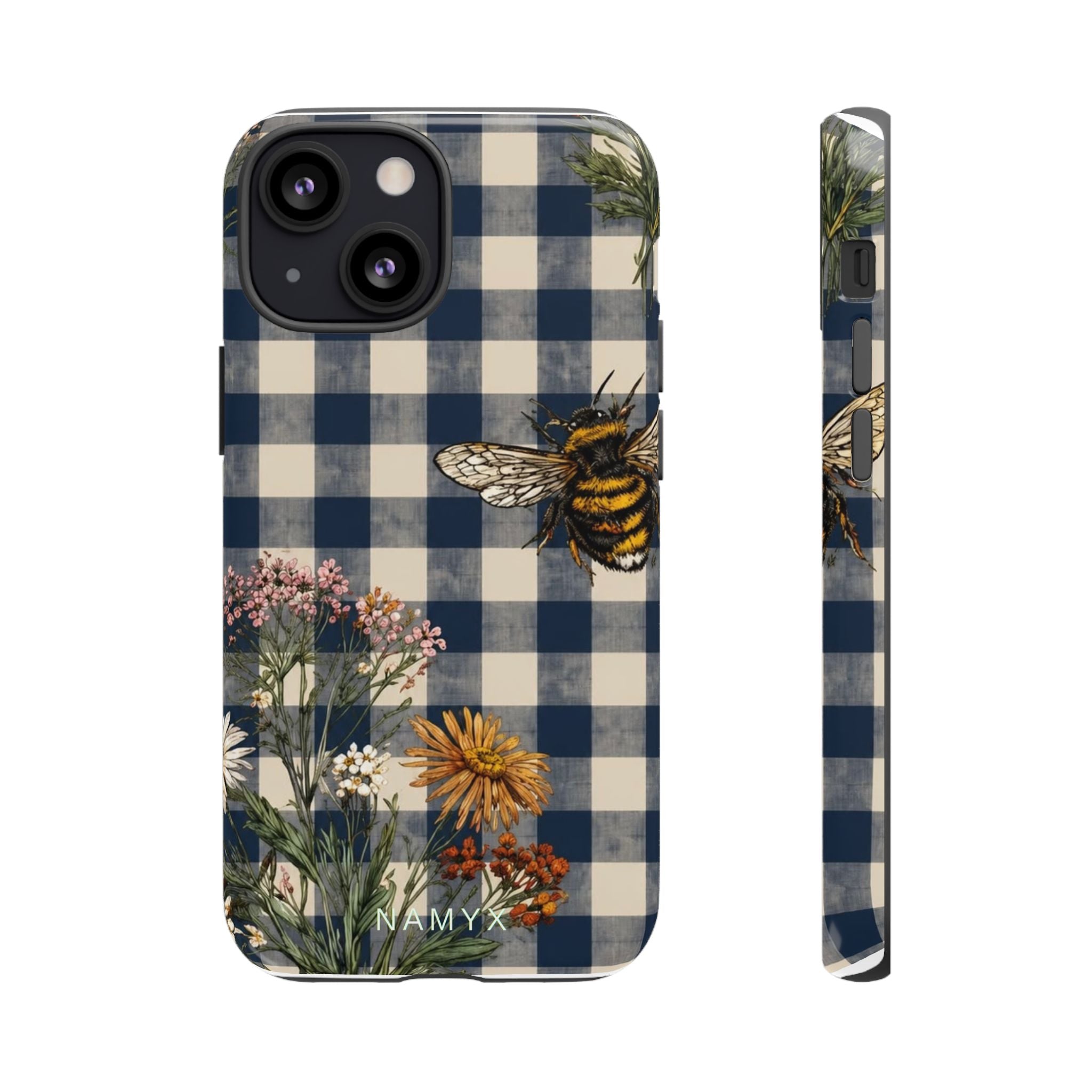 Bee & Wildflower Plaid Phone Case — Navy Buffalo Check Floral iPhone Cover