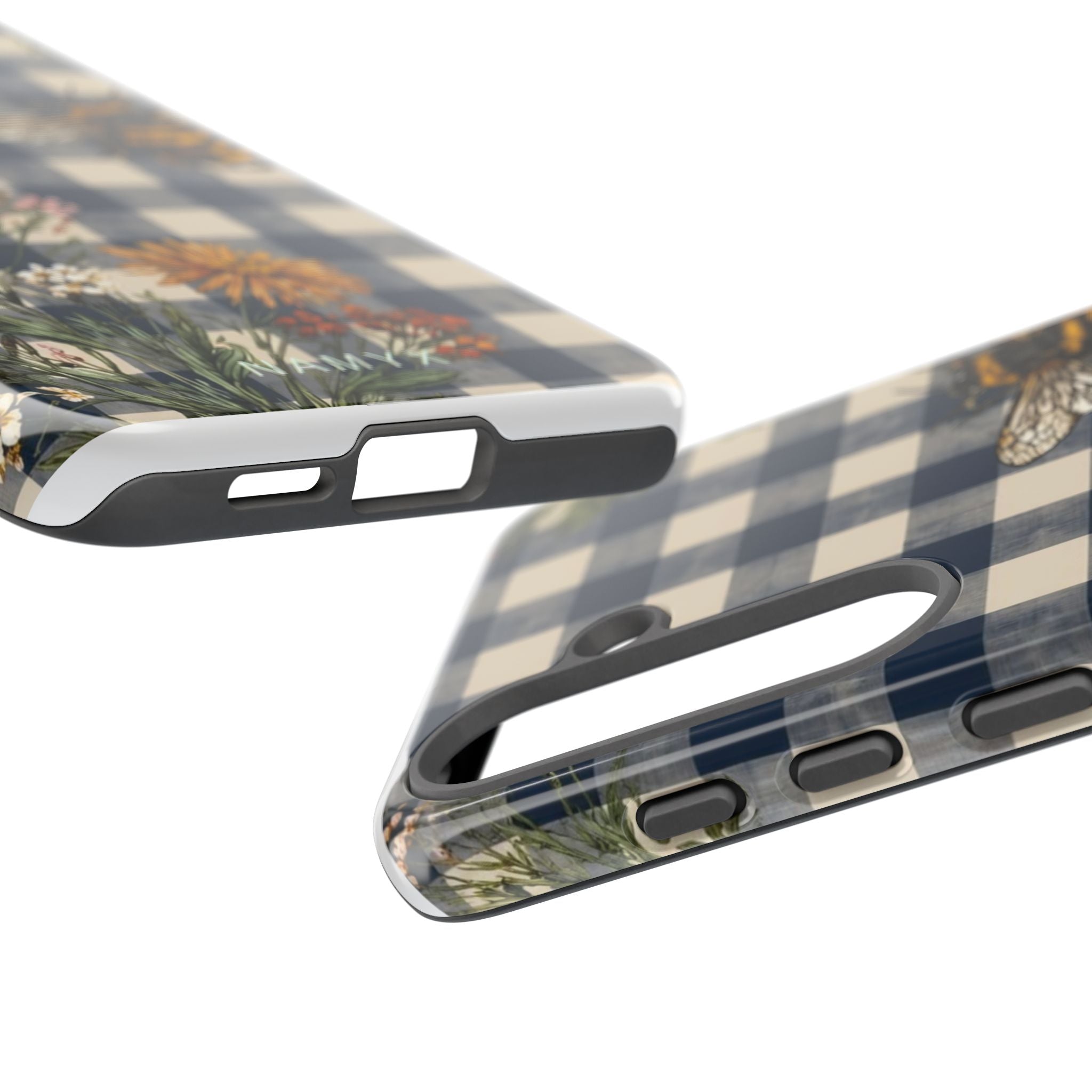Bee & Wildflower Plaid Phone Case — Navy Buffalo Check Floral iPhone Cover