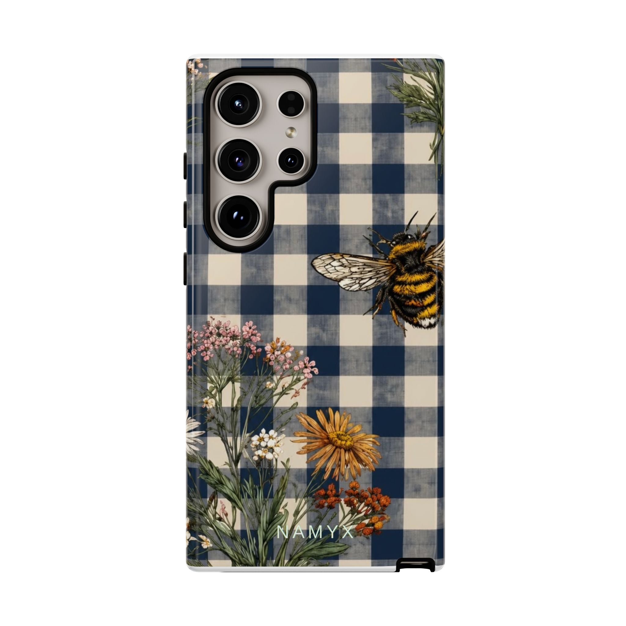 Bee & Wildflower Plaid Phone Case — Navy Buffalo Check Floral iPhone Cover