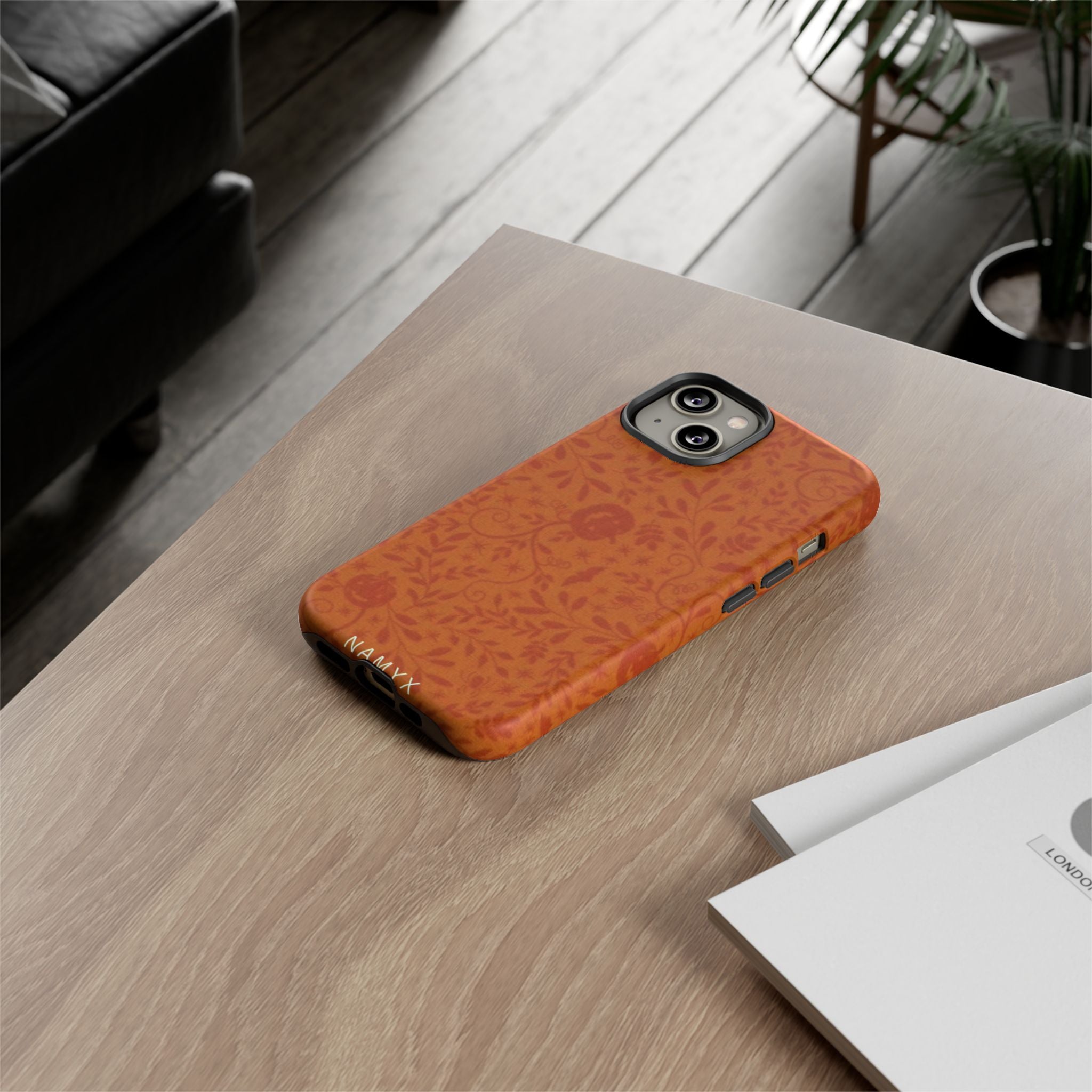 Floral Leather Phone Case — Rustic Orange Botanical Tough Case