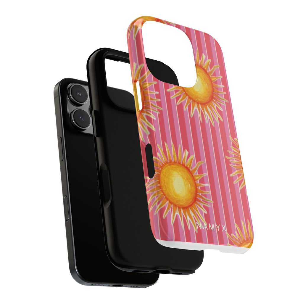 Sunburst Stripe Tough Phone Case — Bright Yellow Sun Pattern on Pink