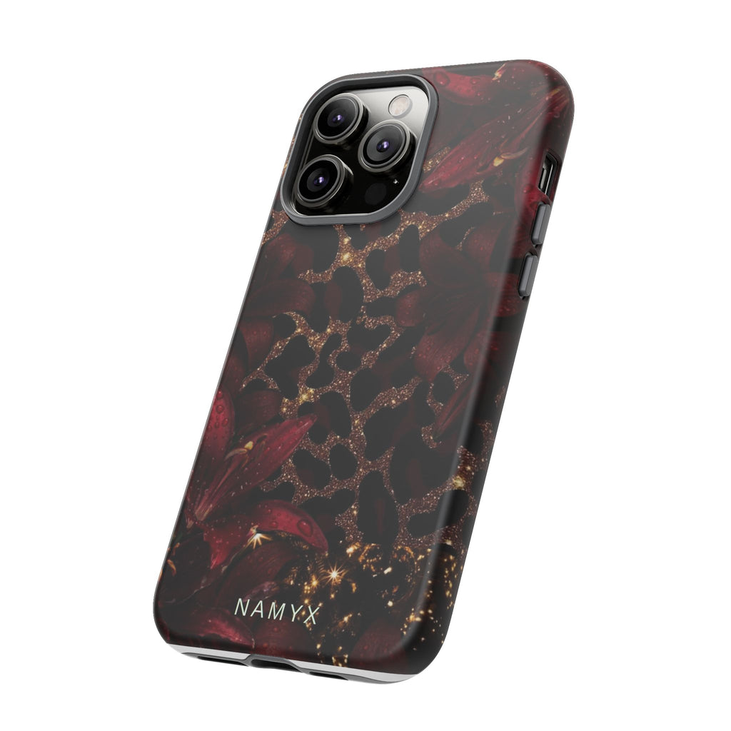Protective Phone Case — Burgundy Floral & Gold Leopard Print Tough Case