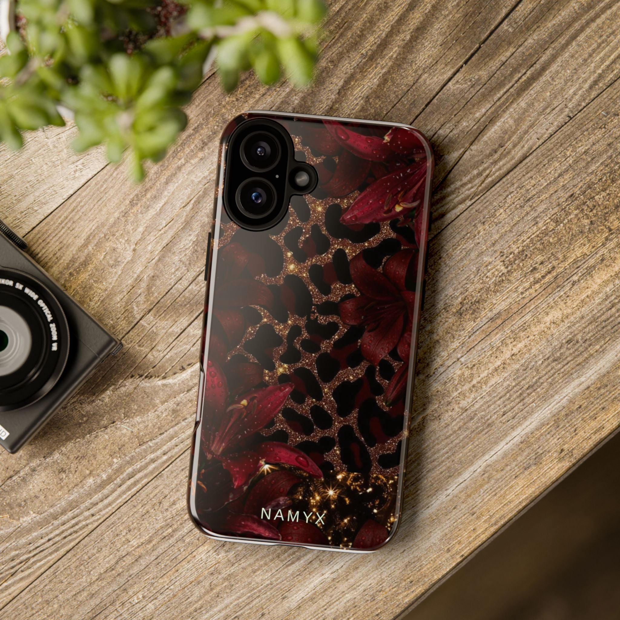 Protective Phone Case — Burgundy Floral & Gold Leopard Print Tough Case