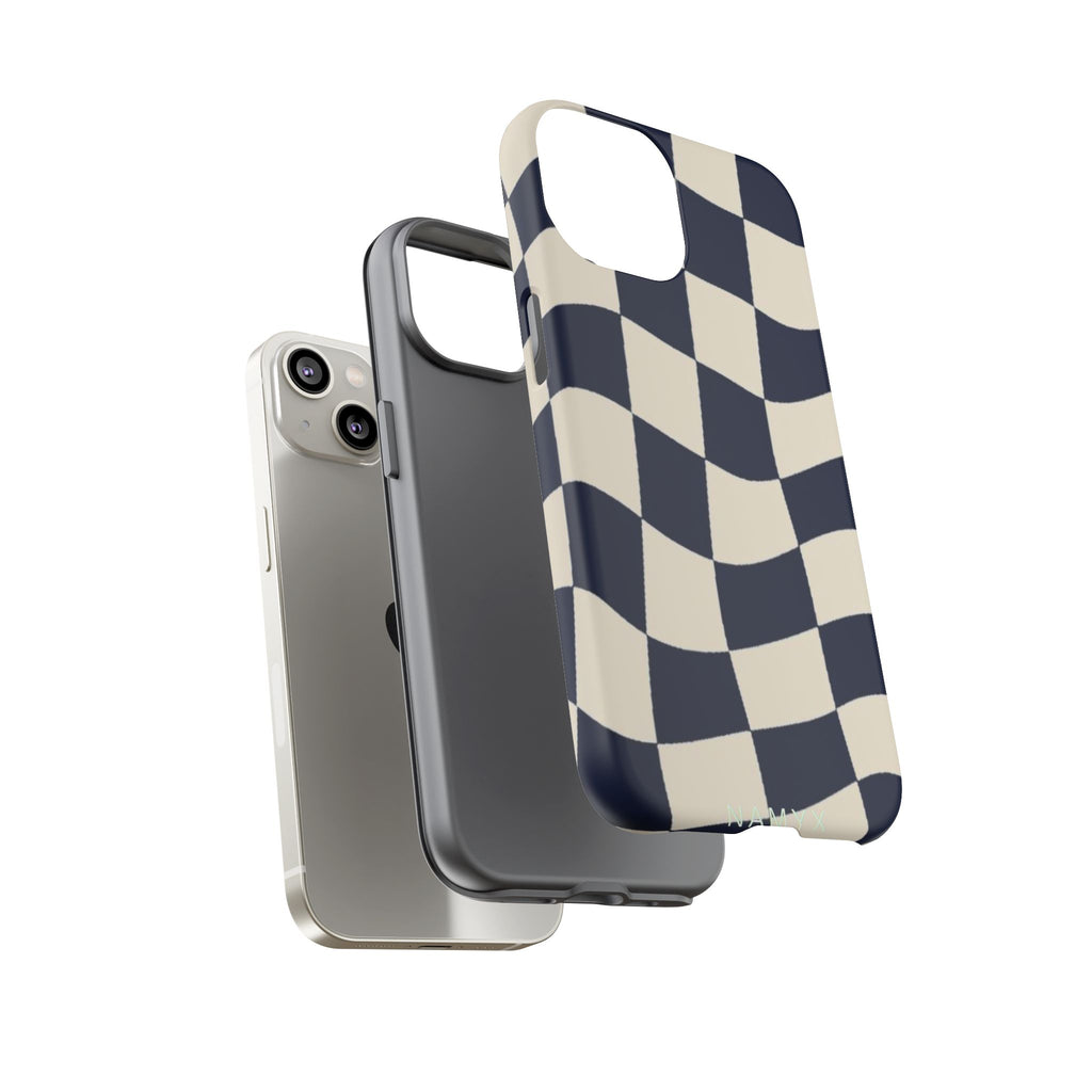 Wavy Checkered Phone Case – Retro Navy Racing Pattern Tough Case