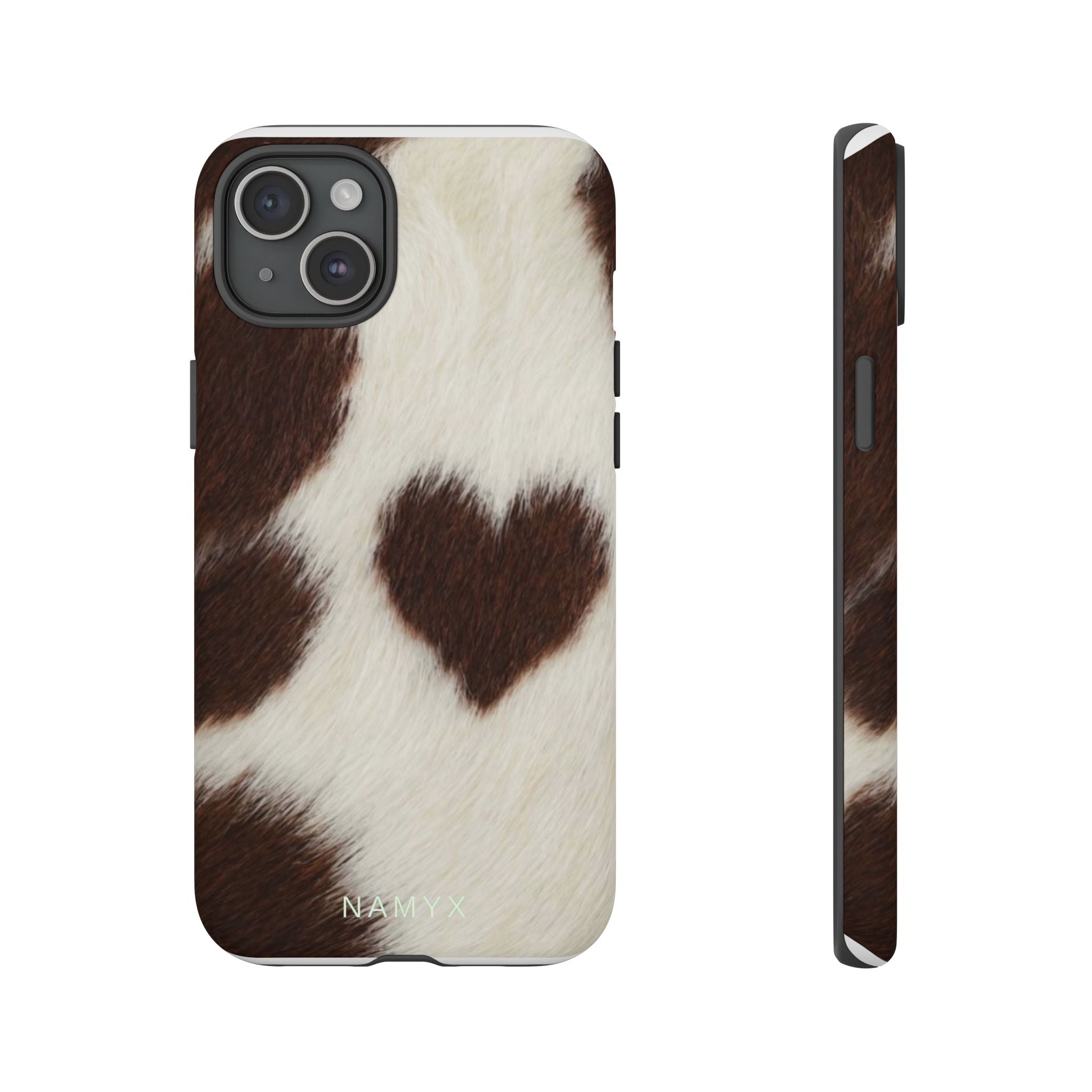 Cowhide Heart Phone Case — Cute Cow Print Protective iPhone Cover