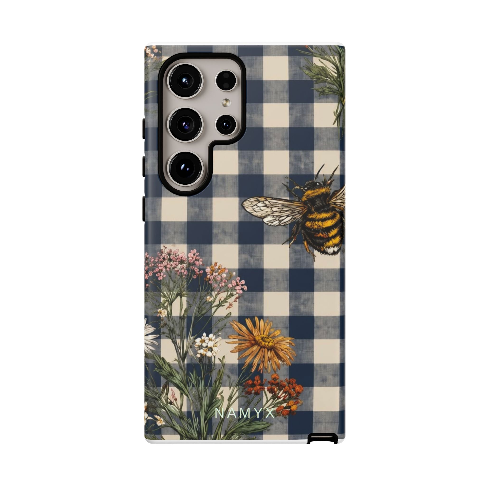 Bee & Wildflower Plaid Phone Case — Navy Buffalo Check Floral iPhone Cover