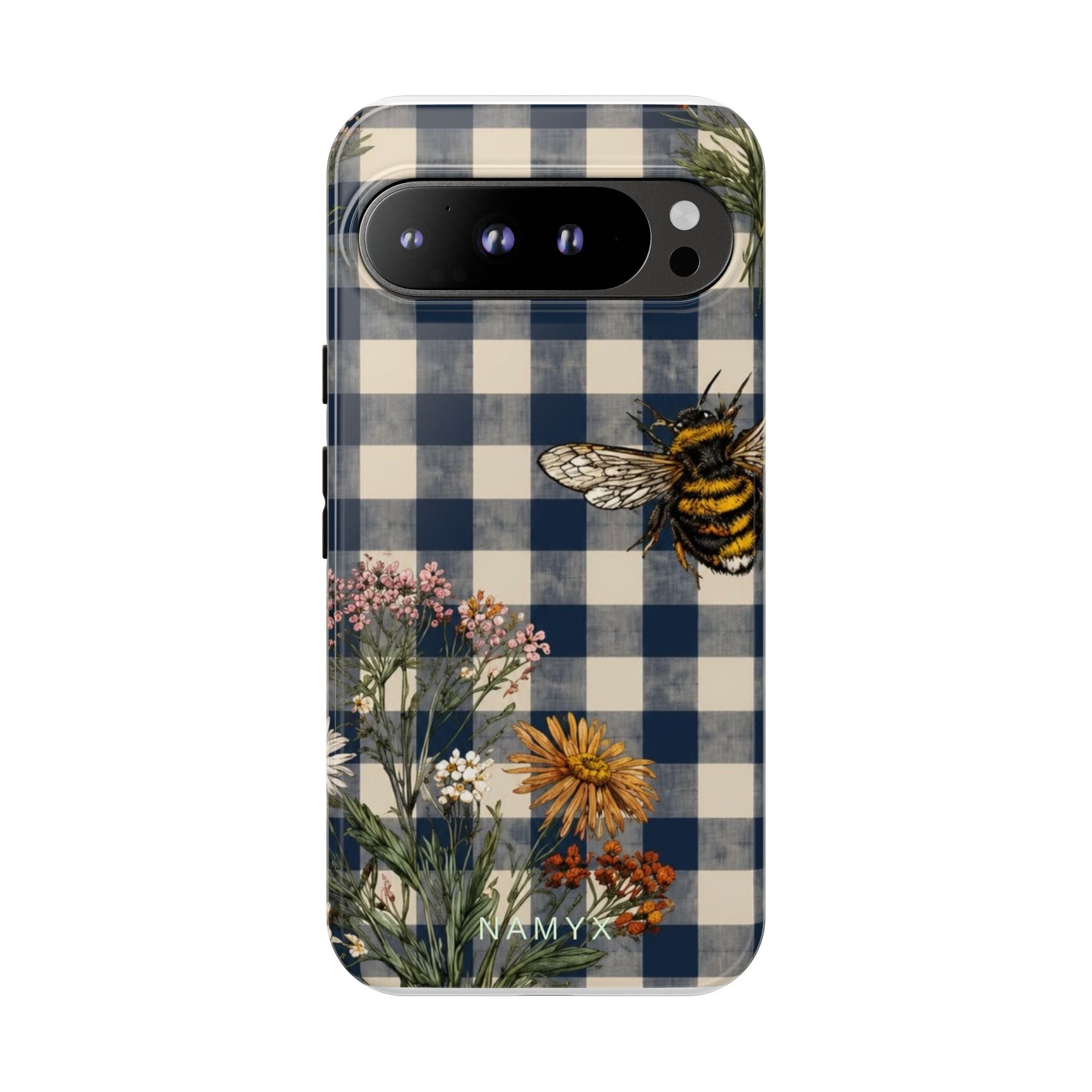 Bee & Wildflower Plaid Phone Case — Navy Buffalo Check Floral iPhone Cover