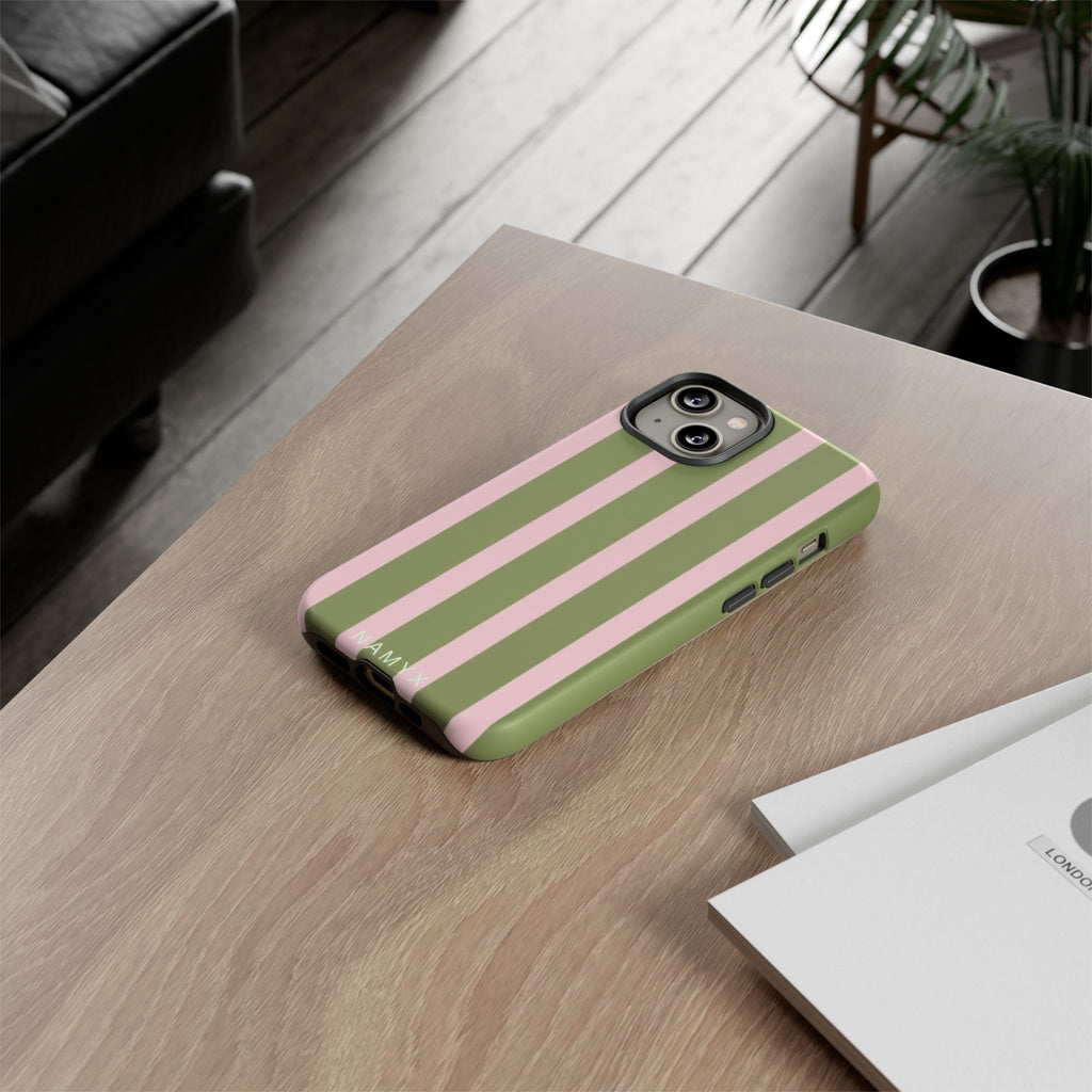 Striped Olive & Blush Tough Phone Case — Durable Protective Phone Cover