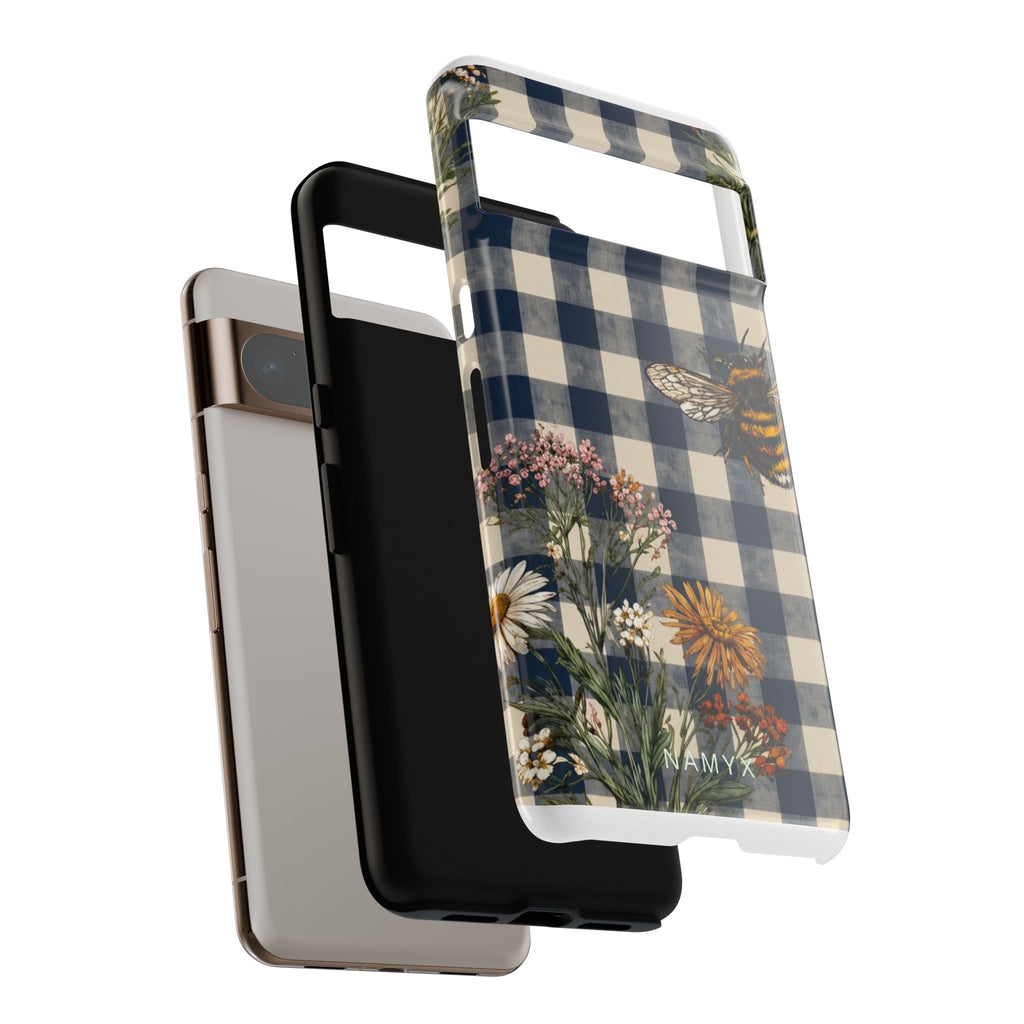 Bee & Wildflower Plaid Phone Case — Navy Buffalo Check Floral iPhone Cover