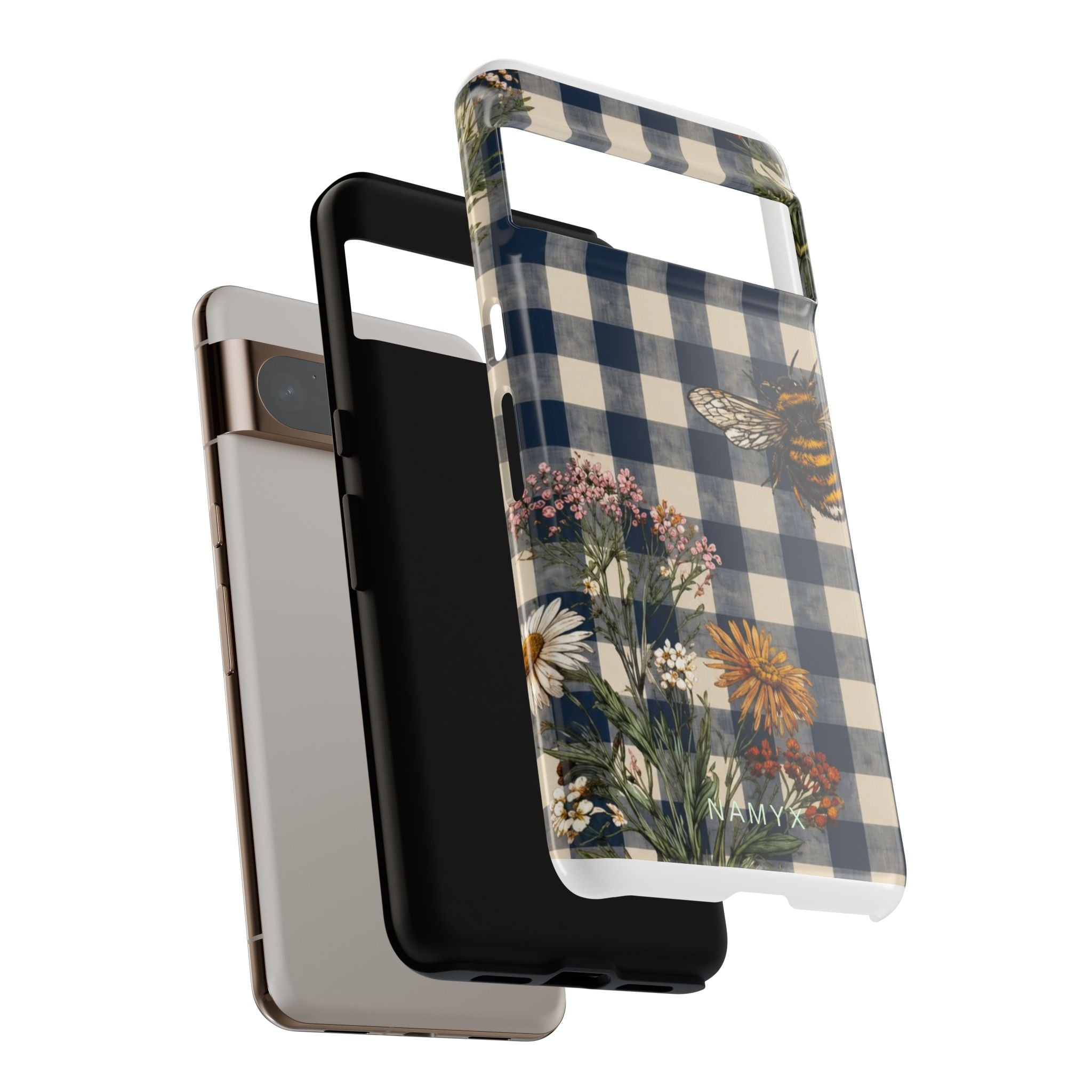 Bee & Wildflower Plaid Phone Case — Navy Buffalo Check Floral iPhone Cover