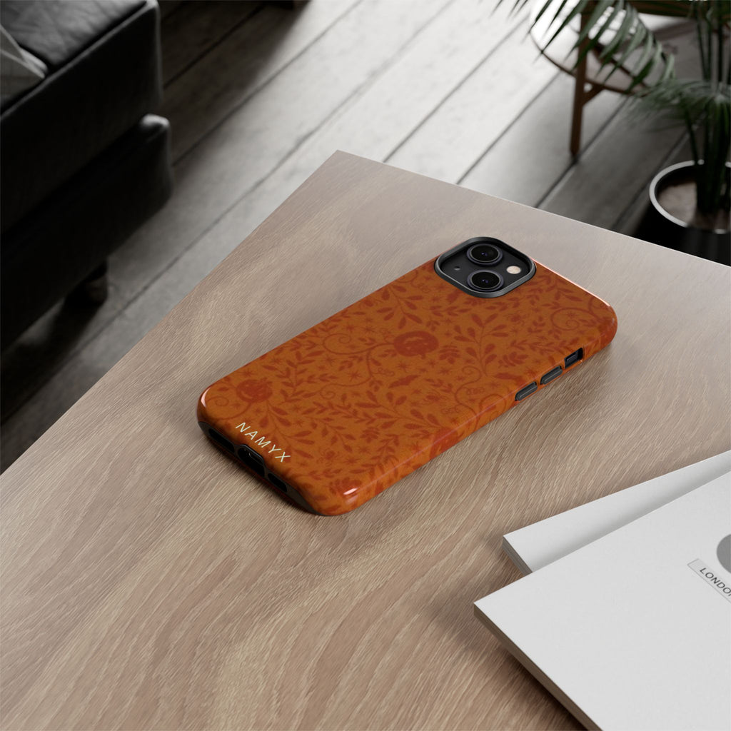 Floral Leather Phone Case — Rustic Orange Botanical Tough Case