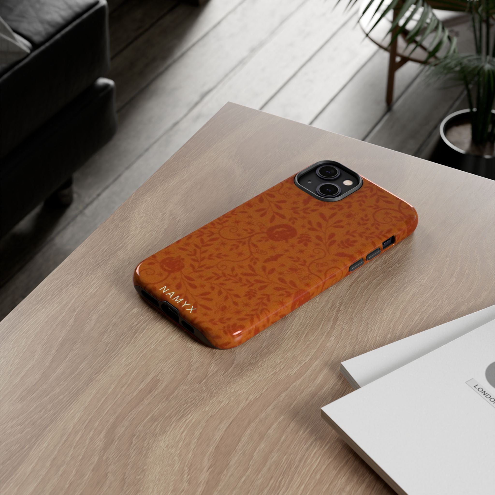 Floral Leather Phone Case — Rustic Orange Botanical Tough Case