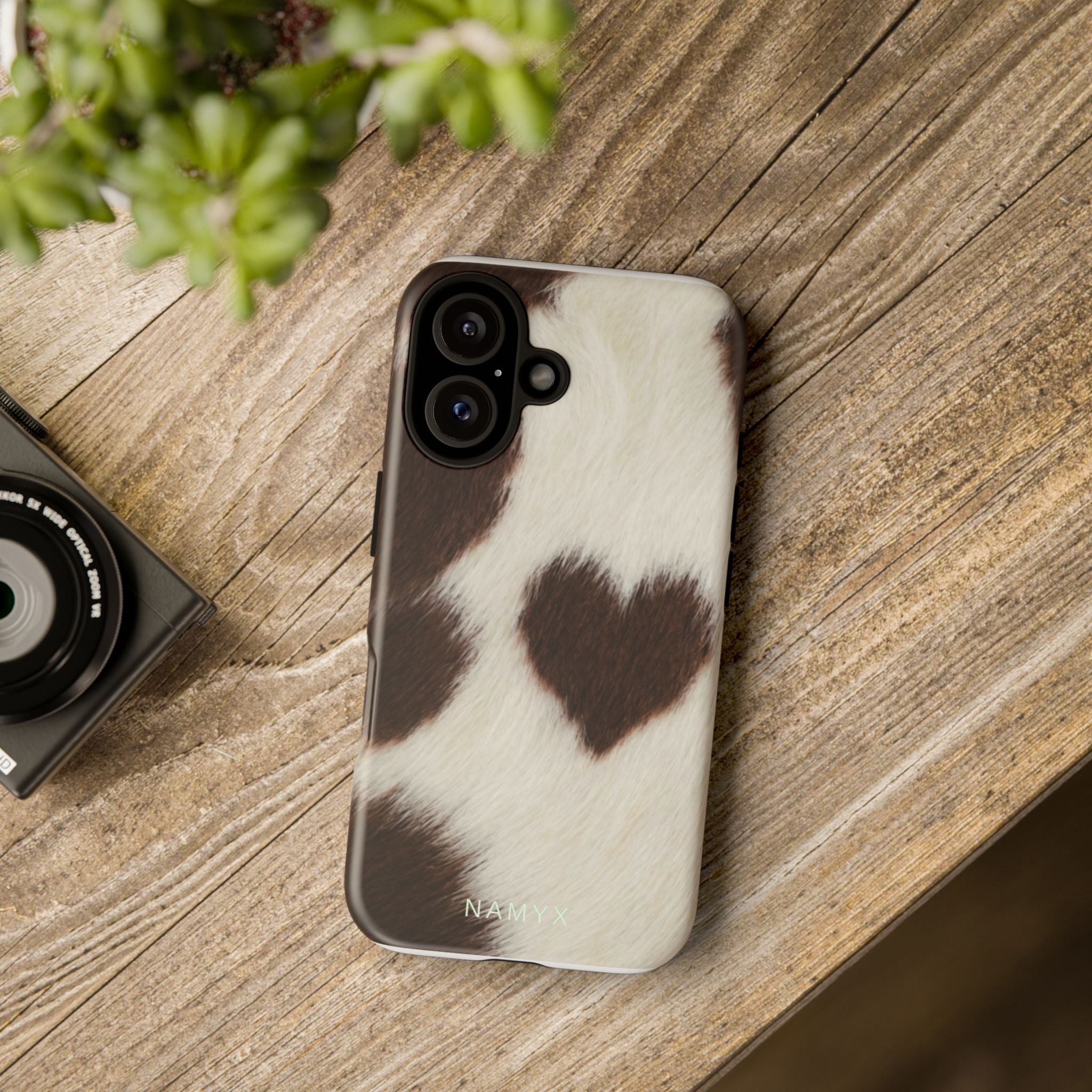 Cowhide Heart Phone Case — Cute Cow Print Protective iPhone Cover