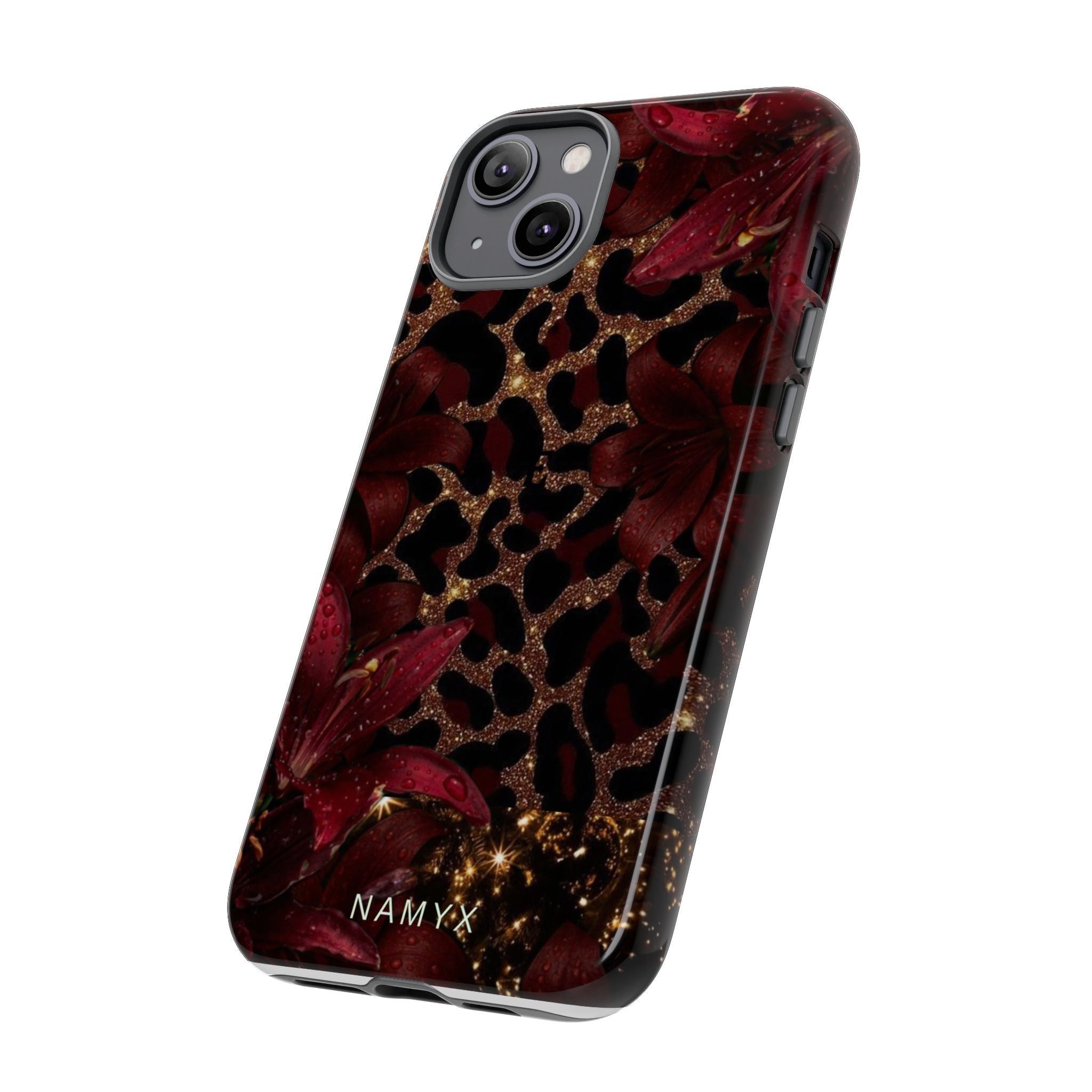 Protective Phone Case — Burgundy Floral & Gold Leopard Print Tough Case