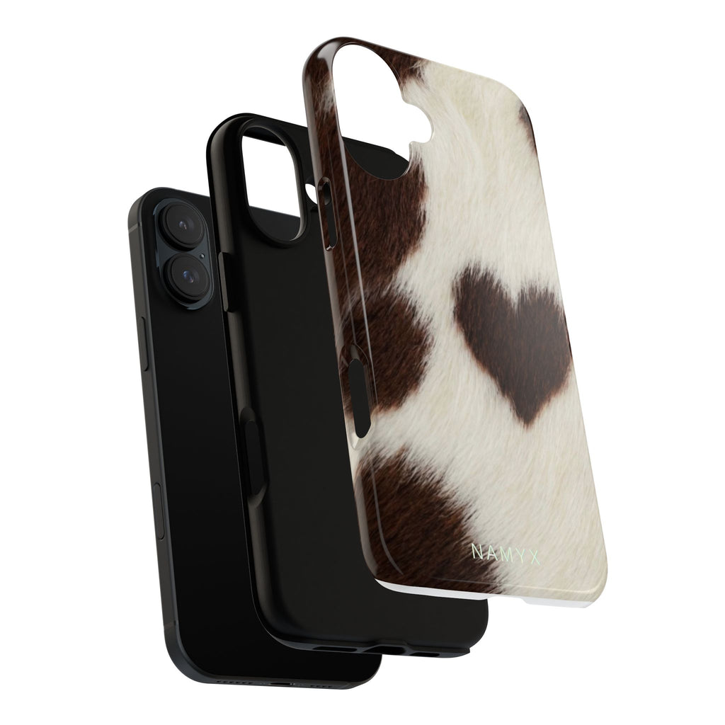 Cowhide Heart Phone Case — Cute Cow Print Protective iPhone Cover