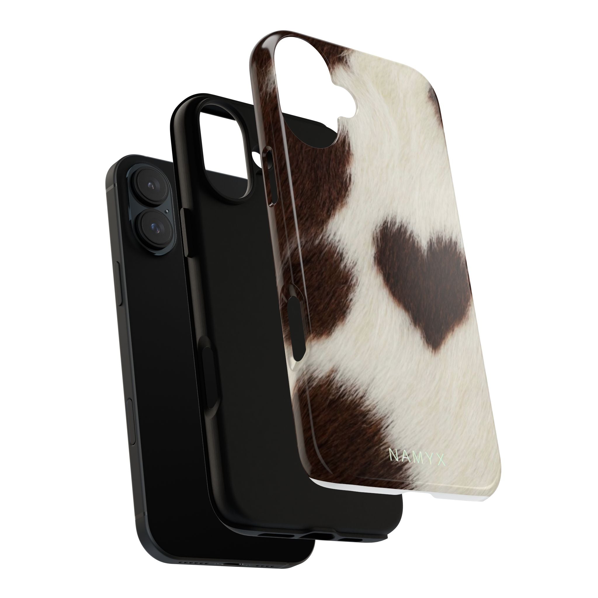 Cowhide Heart Phone Case — Cute Cow Print Protective iPhone Cover