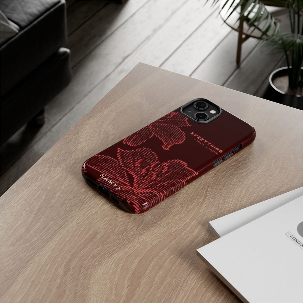Floral Tough Phone Case — 'Everything' Burgundy Protective Cover