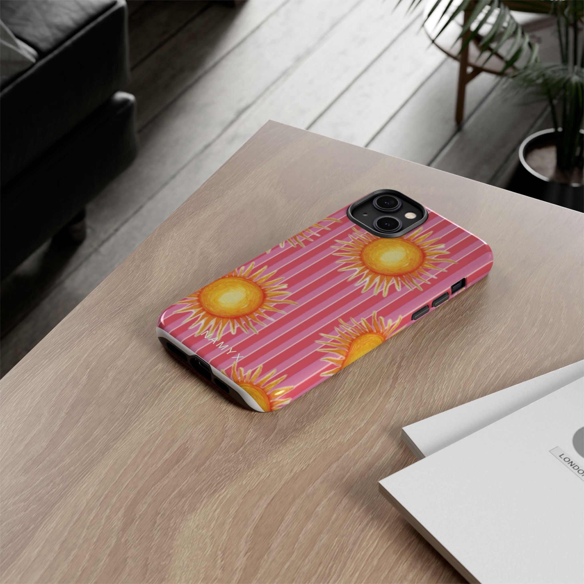 Sunburst Stripe Tough Phone Case — Bright Yellow Sun Pattern on Pink