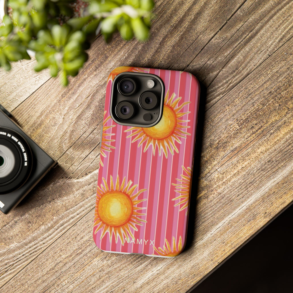 Sunburst Stripe Tough Phone Case — Bright Yellow Sun Pattern on Pink
