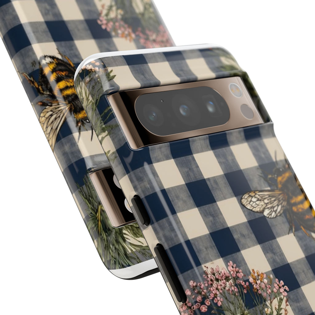 Bee & Wildflower Plaid Phone Case — Navy Buffalo Check Floral iPhone Cover