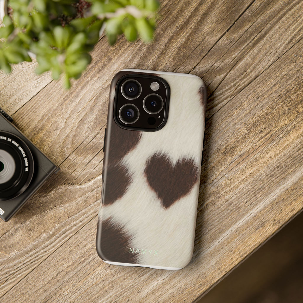 Cowhide Heart Phone Case — Cute Cow Print Protective iPhone Cover