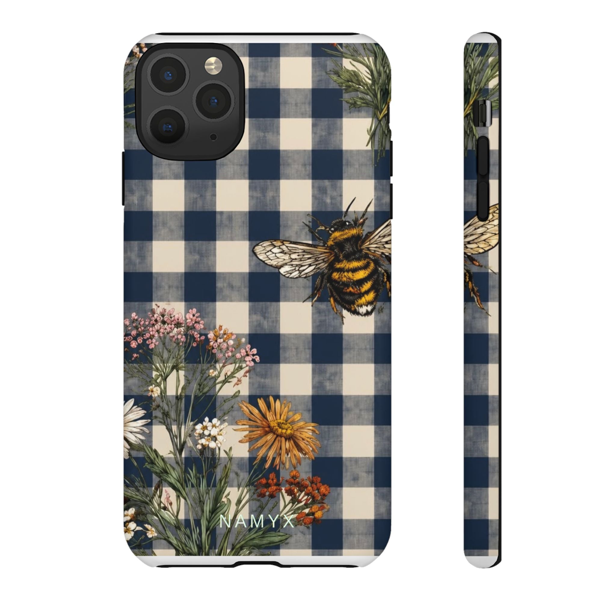 Bee & Wildflower Plaid Phone Case — Navy Buffalo Check Floral iPhone Cover